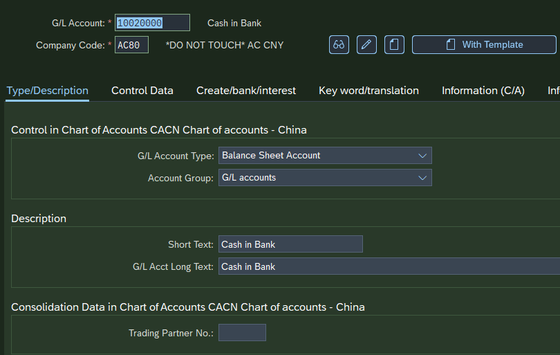 SAPGUI 'Create G/L account'