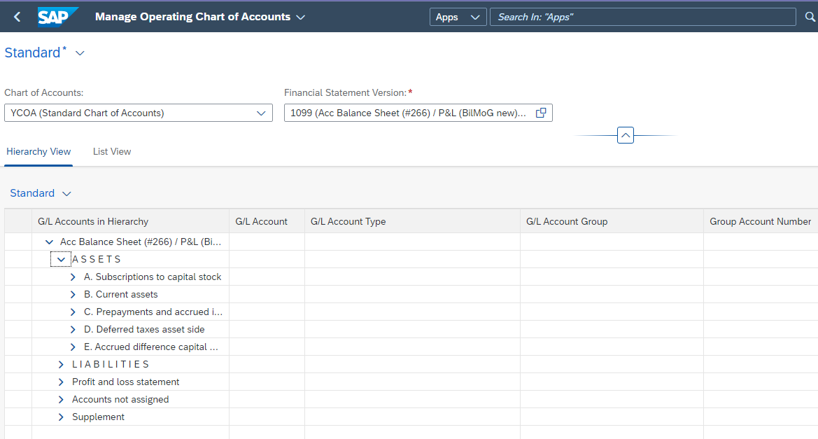 Fiori 'Manage Operating Chart of Accounts'